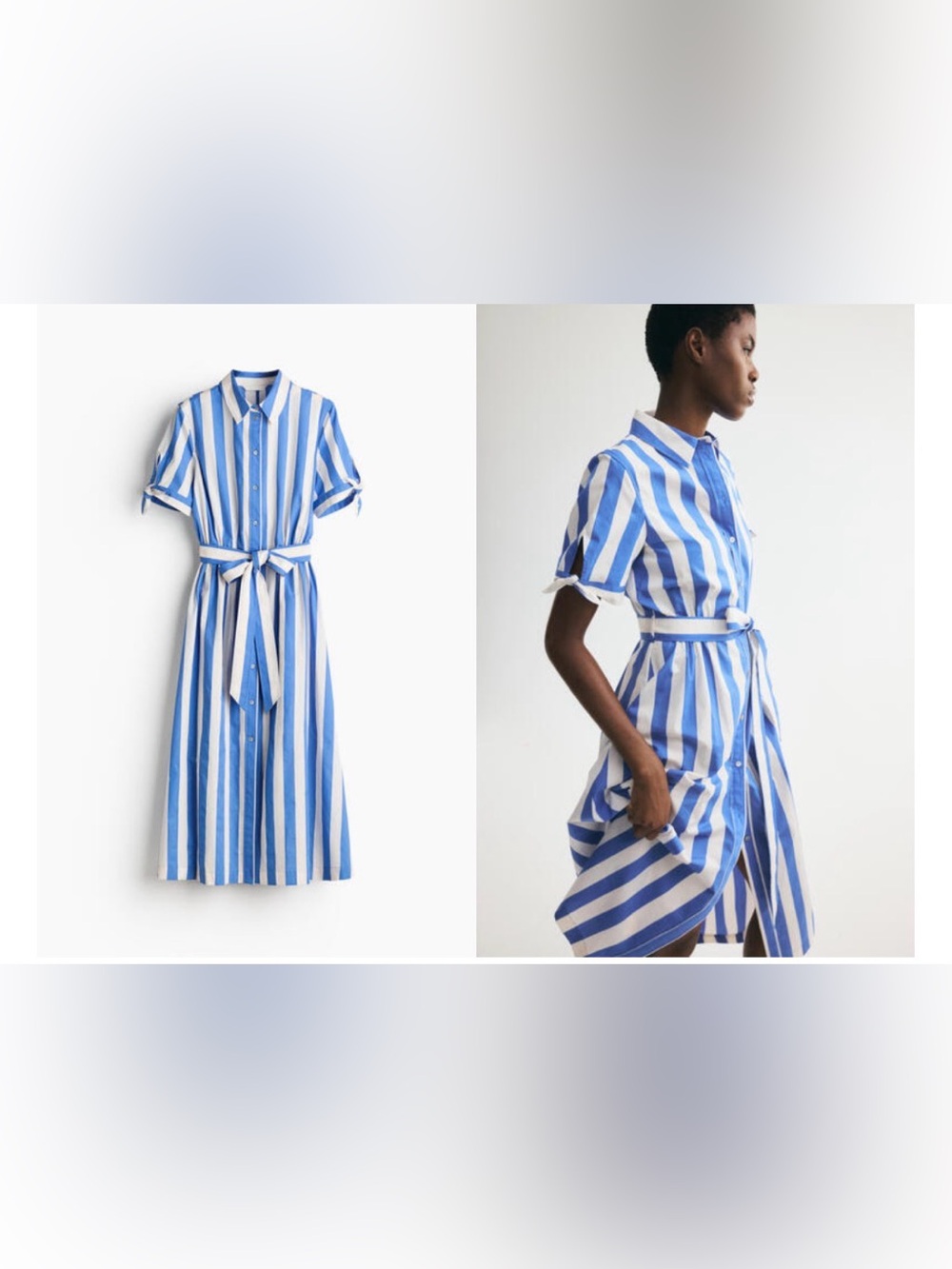 H&M Blue and White Stripe Midi Shirt Dress with Tie Waist
